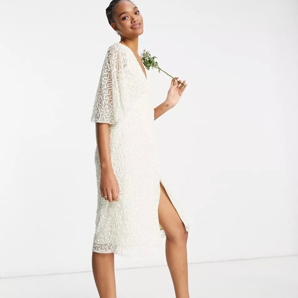 Maya delicate sequin wrap midi pencil dress in ecru size US 4